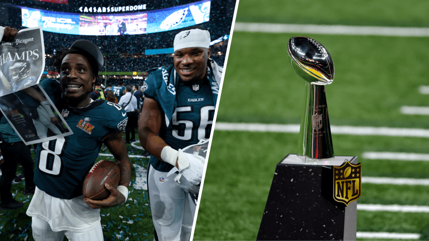 NUEVA ORLEANS, LOUISIANA - 09 DE FEBRERO: C.J. Gardner-Johnson #8 y Jalyx Hunt #58 de los Philadelphia Eagles celebran después de vencer a los Kansas City Chiefs 40-22 para ganar el Super Bowl LIX en el Caesars Superdome el 09 de febrero de 2025 en Nueva Orleans, Louisiana. (Foto de Gregory Shamus/Getty Images)